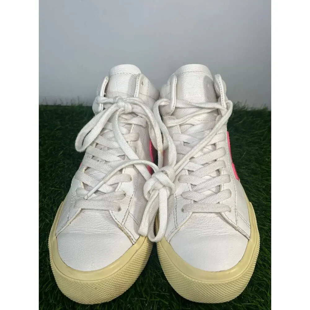 VEJA White Pink Neon High Top Sneakers Women’s Size 6 EU 37 Leather Casual Shoe